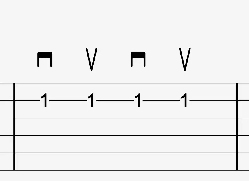 Púa alternada, abajo y arriba púa abajo púa arriba en TAB guitarra